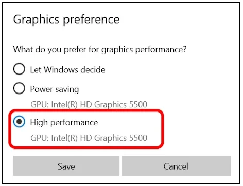 Graphics preference options shows High Performance option and highlighted