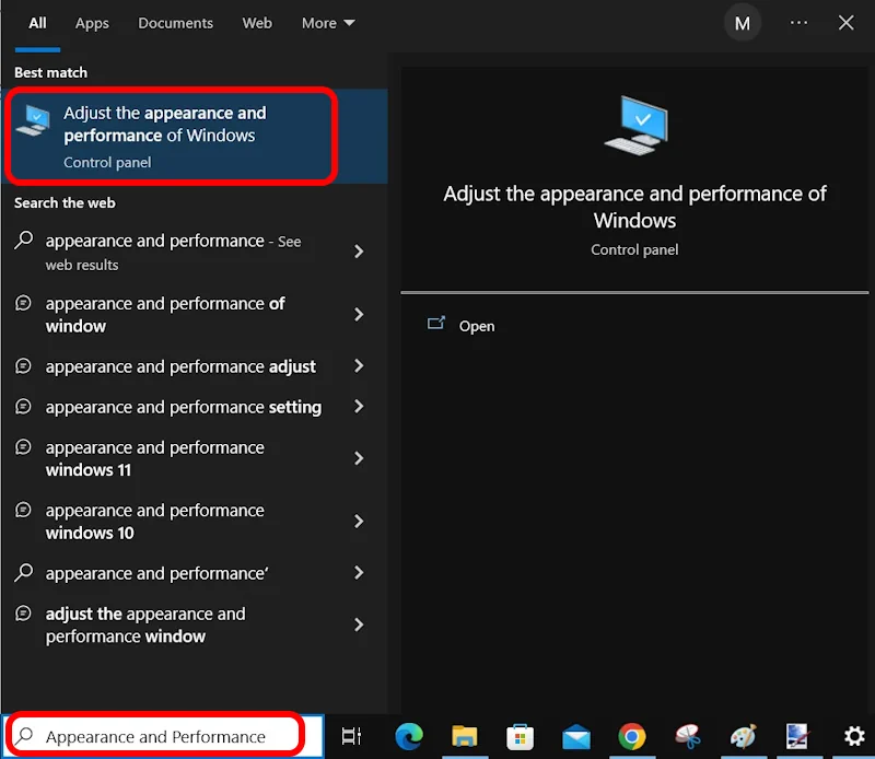 Launching appearance and performance settings from the start menu search