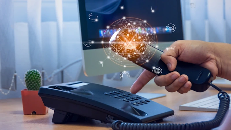 A hand of a man picking a phone receiver with a pc monitor in background. Example of internet telephony