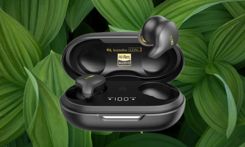 TOZO Earbuds with a green leafy background