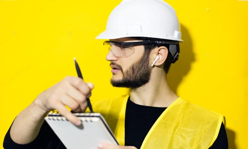 A construction worker wearing wireless earbuds and a helmet